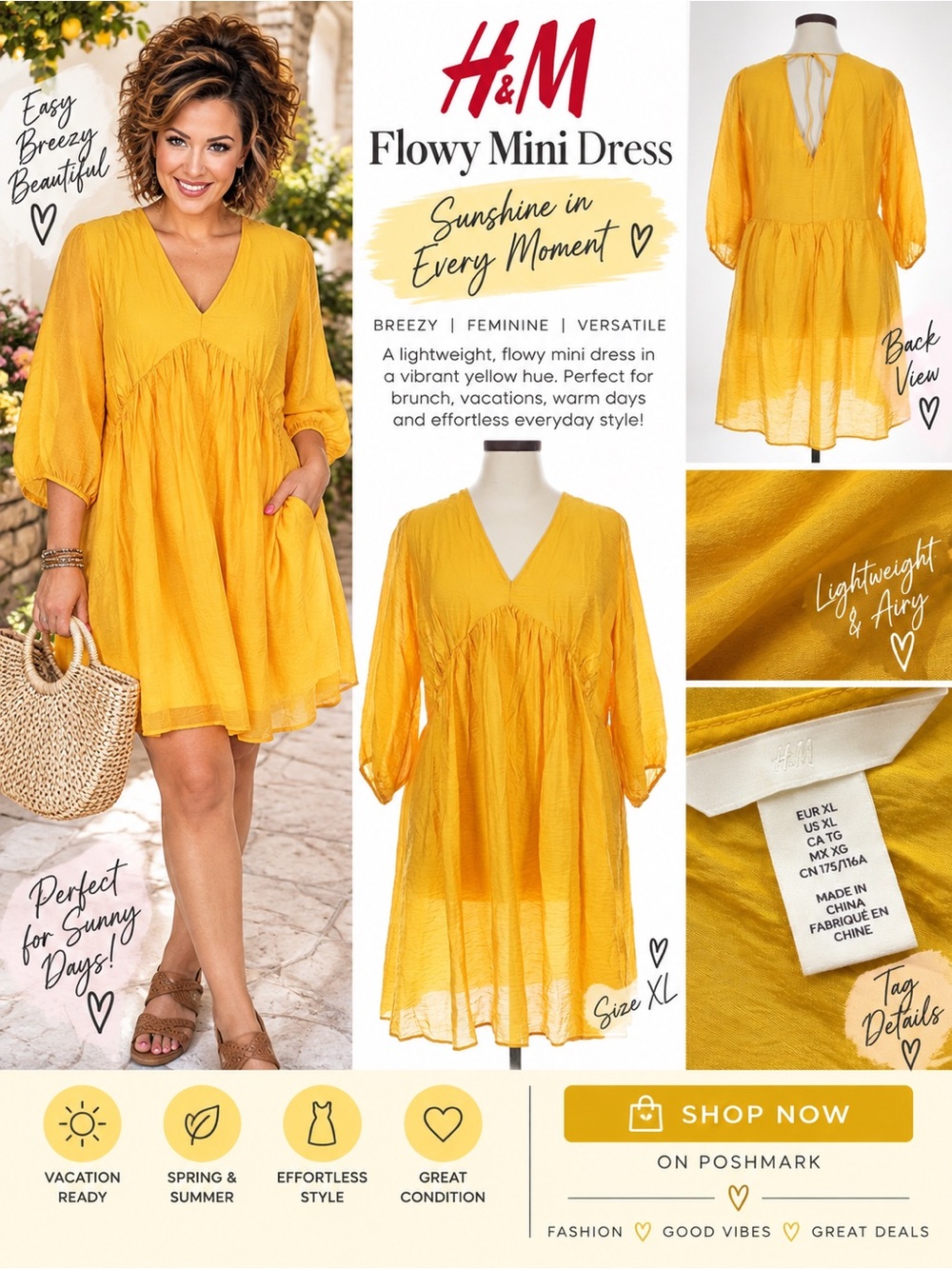 H&M XL Butter Yellow Flowy Mini Dress V Neck Babydoll Vacation Resort